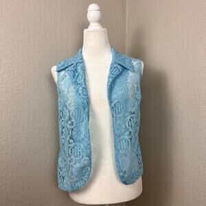 Vtg Vest Womens Medium Pastel Blue Lace Crochet Dainty Cottagecore‎ Boho